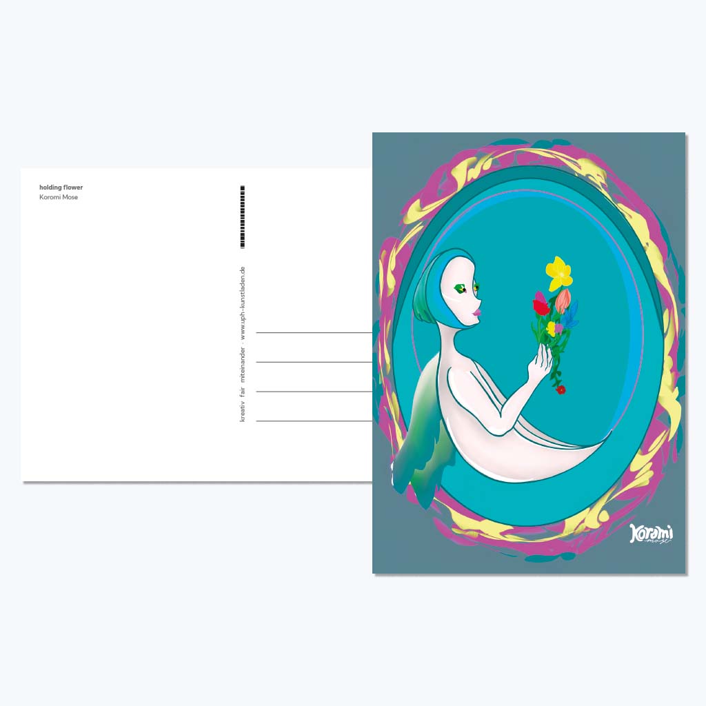 Kunstdruckkarte "holding flower"-Postkarten-Koromi Mose-UpH Kunstladen