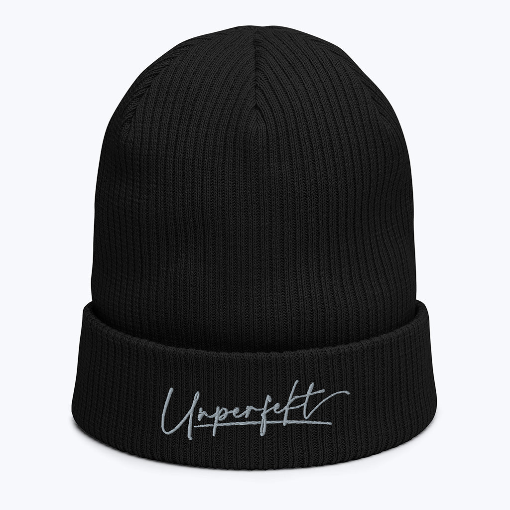 Beanie "Unperfekt" - Mütze aus Bio-Baumwolle mit gesticktem Schriftzug - schwarz-Mütze-UpH Kunstladen-UpH Kunstladen